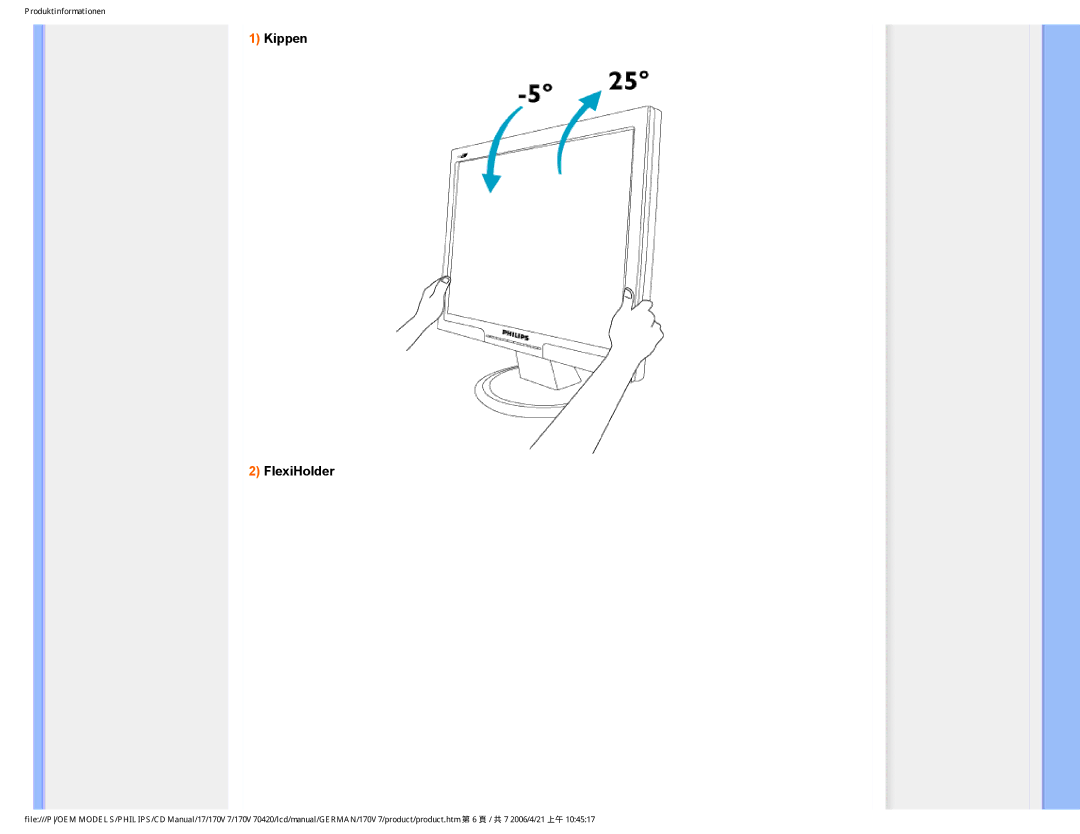 Philips 170V7 user manual Kippen FlexiHolder 