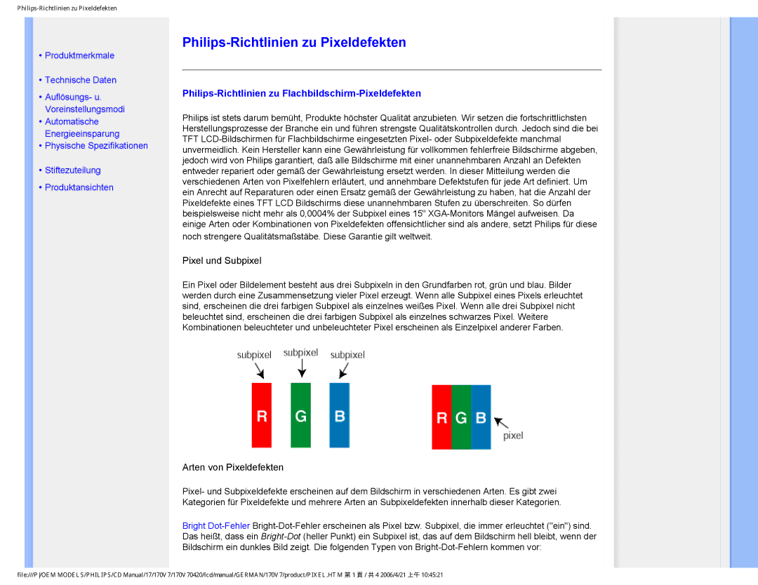 Philips 170V7 user manual Philips-Richtlinien zu Pixeldefekten, Philips-Richtlinien zu Flachbildschirm-Pixeldefekten 