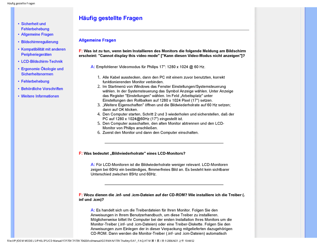 Philips 170V7 user manual Häufig gestellte Fragen, Allgemeine Fragen, Was bedeutet „Bildwiederholrate eines LCD-Monitors? 
