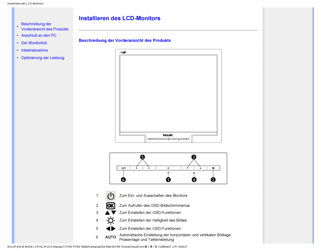 Philips 170V7 user manual Installieren des LCD-Monitors, Beschreibung der Vorderansicht des Produkts 