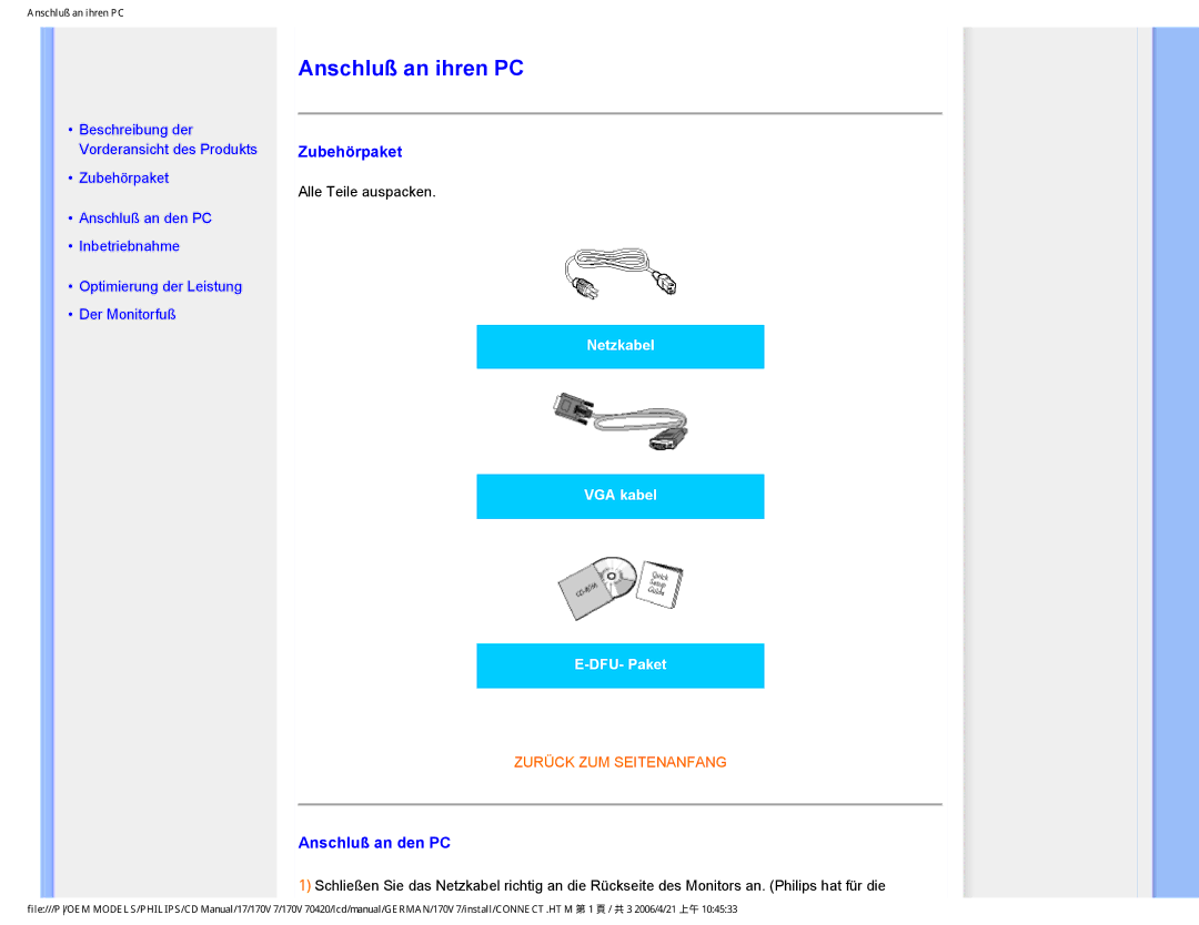 Philips 170V7 user manual Anschluß an ihren PC, Zubehörpaket, Anschluß an den PC 