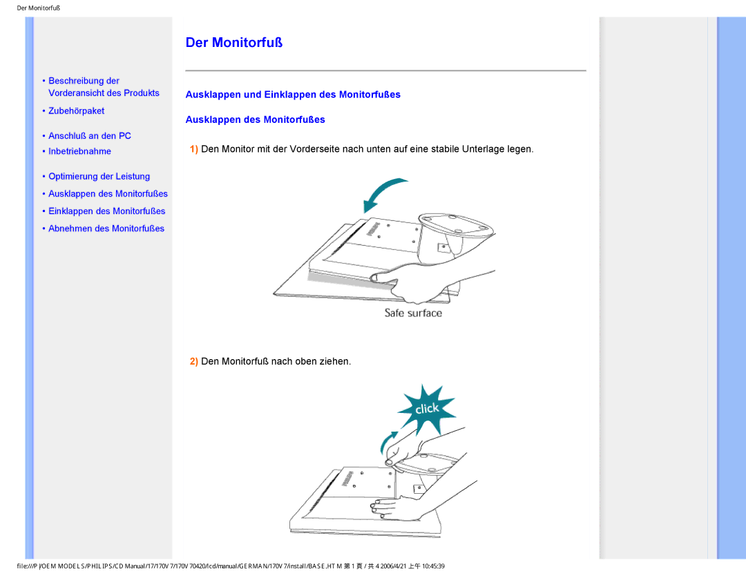 Philips 170V7 user manual Der Monitorfuß 