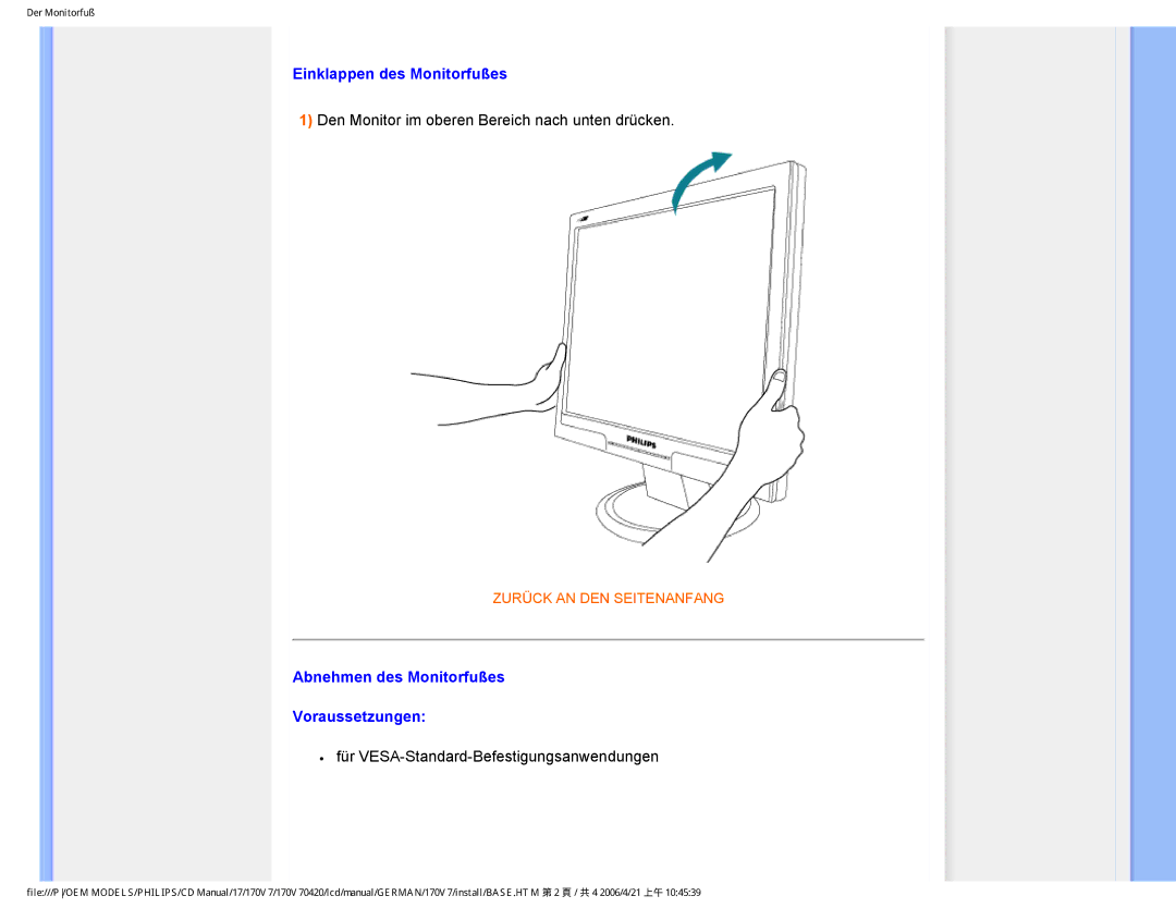 Philips 170V7 user manual Einklappen des Monitorfußes, Abnehmen des Monitorfußes Voraussetzungen 