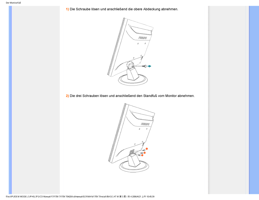 Philips 170V7 user manual Der Monitorfuß 