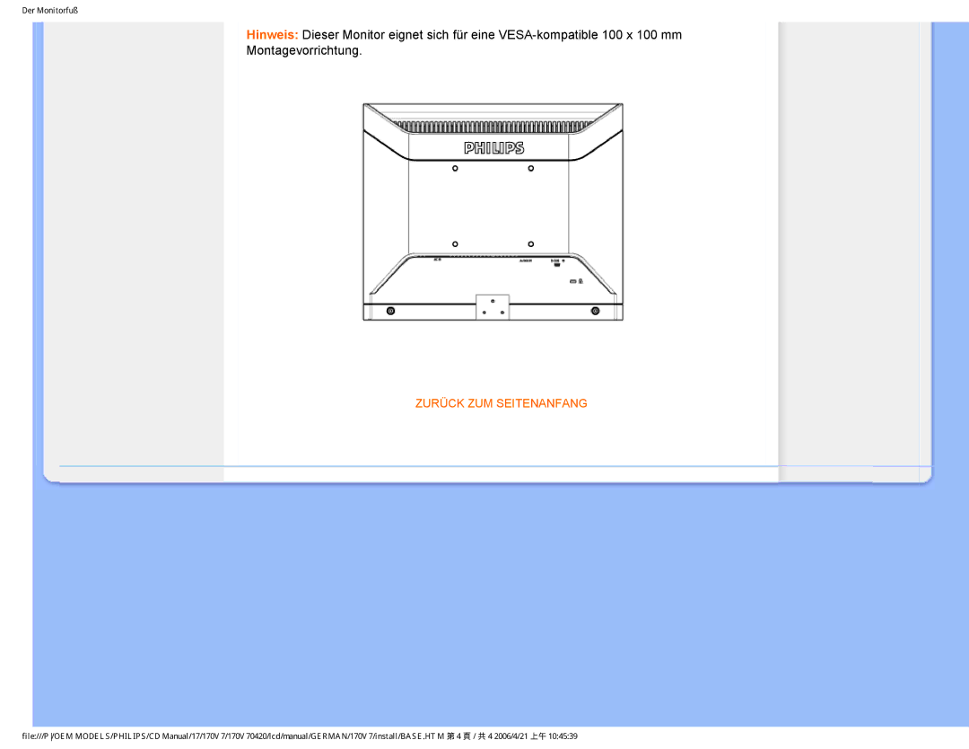 Philips 170V7 user manual Zurück ZUM Seitenanfang 