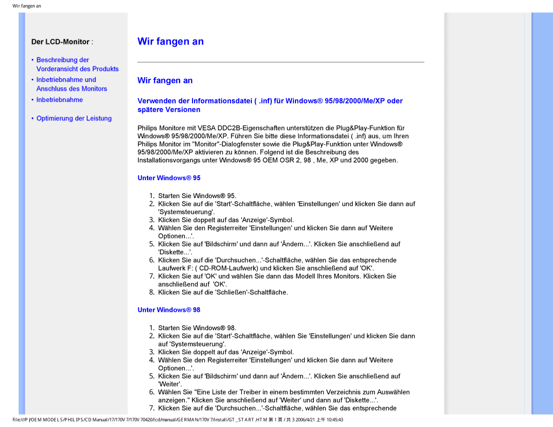 Philips 170V7 user manual Wir fangen an, Unter Windows 