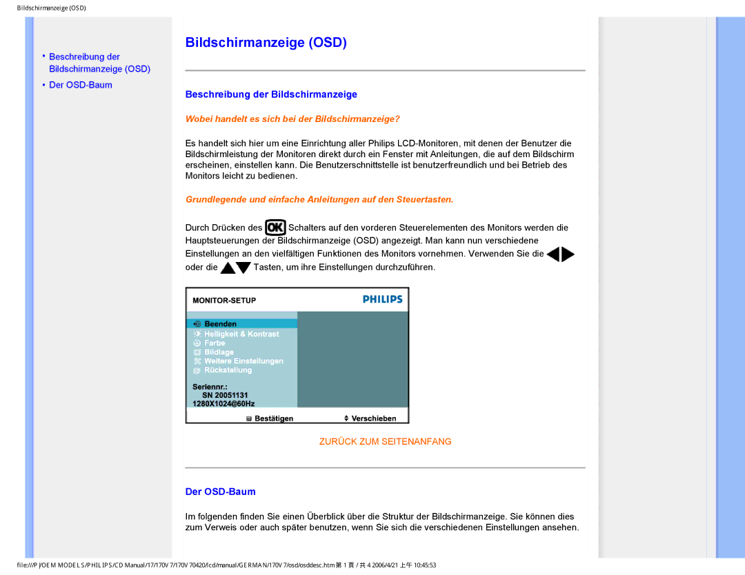 Philips 170V7 user manual Bildschirmanzeige OSD, Beschreibung der Bildschirmanzeige, Der OSD-Baum 