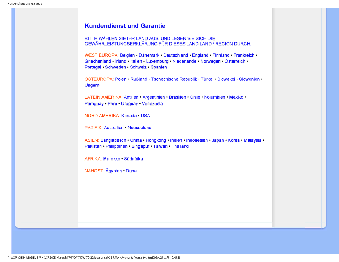 Philips 170V7 user manual Kundendienst und Garantie, Nord Amerika Kanada USA 