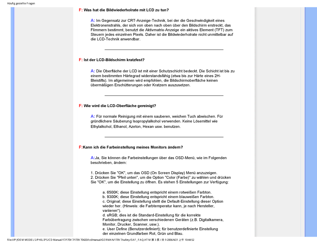 Philips 170V7 user manual Was hat die Bildwiederholrate mit LCD zu tun?, Ist der LCD-Bildschirm kratzfest? 