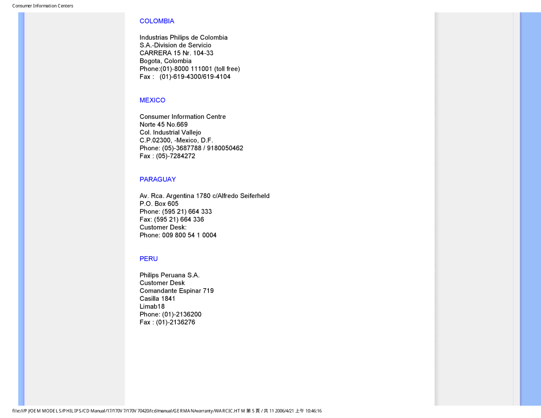 Philips 170V7 user manual Colombia, Mexico, Paraguay, Peru 