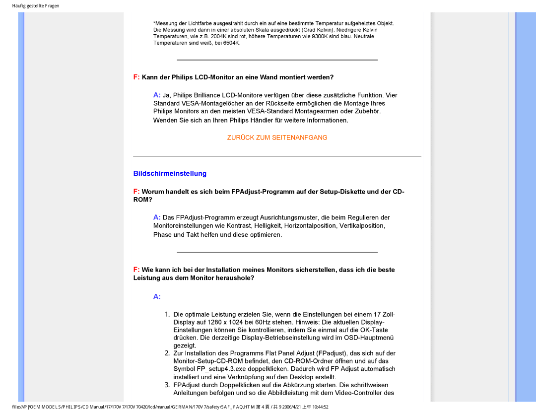 Philips 170V7 user manual Bildschirmeinstellung, Kann der Philips LCD-Monitor an eine Wand montiert werden? 