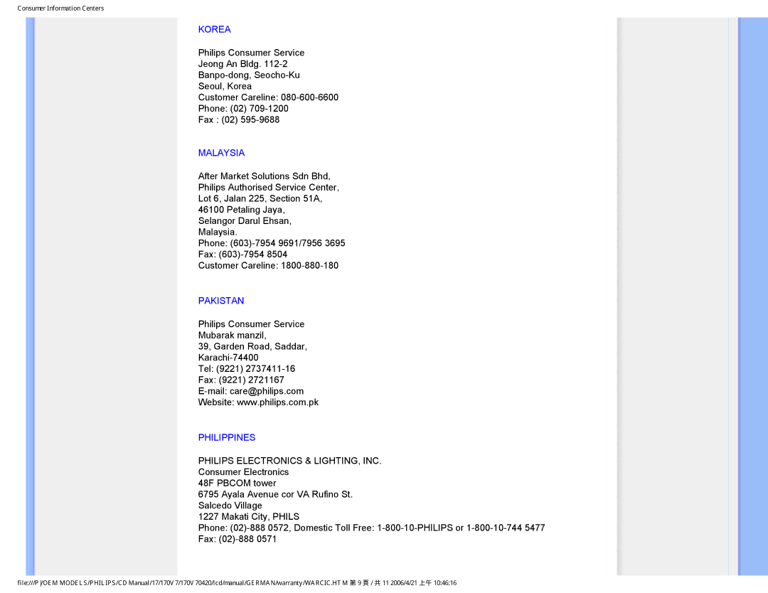 Philips 170V7 user manual Korea, Malaysia, Pakistan, Philippines 