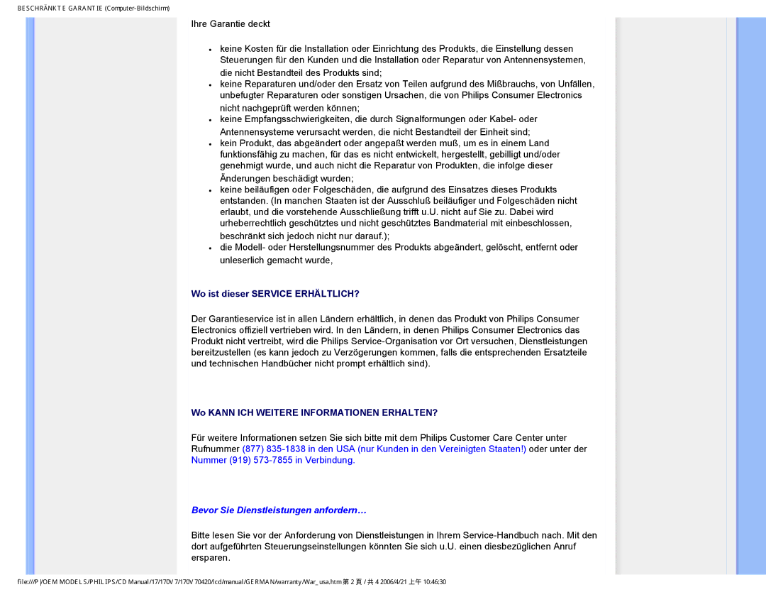 Philips 170V7 user manual Bevor Sie Dienstleistungen anfordern… 