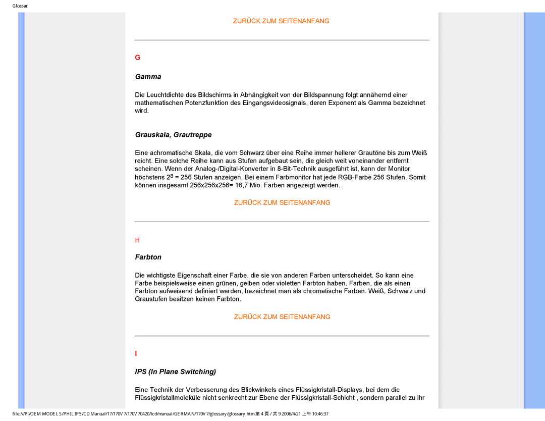 Philips 170V7 user manual Gamma, Grauskala, Grautreppe, Farbton, IPS In Plane Switching 