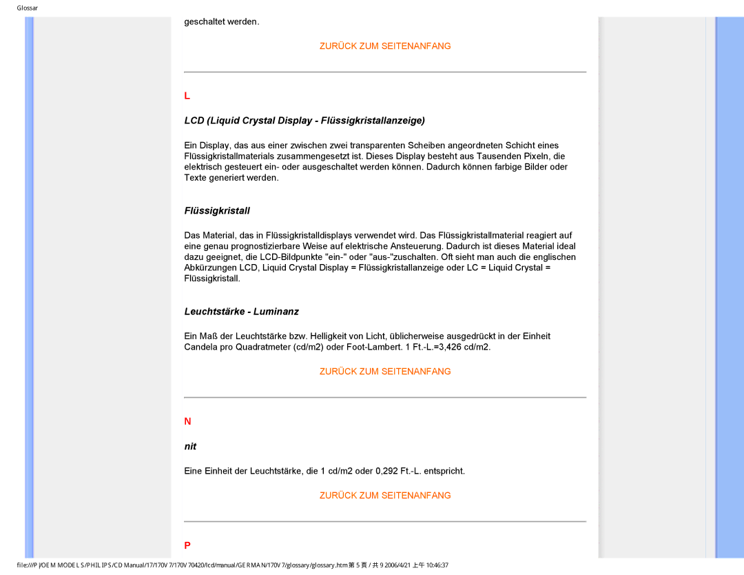 Philips 170V7 user manual LCD Liquid Crystal Display Flüssigkristallanzeige, Leuchtstärke Luminanz, Nit 