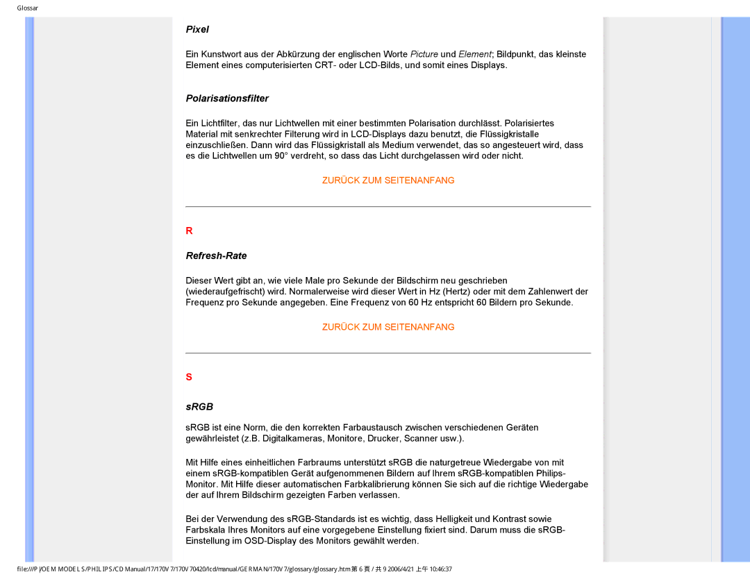 Philips 170V7 user manual Pixel, Polarisationsfilter, Refresh-Rate, Srgb 