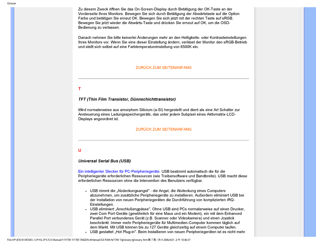 Philips 170V7 user manual TFT Thin Film Transistor, Dünnschichttransistor, Universal Serial Bus USB 