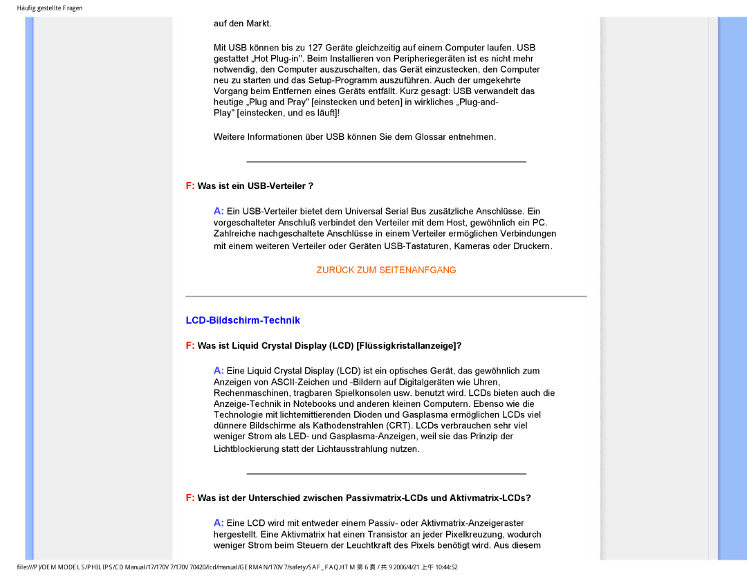 Philips 170V7 user manual LCD-Bildschirm-Technik, Was ist ein USB-Verteiler ? 