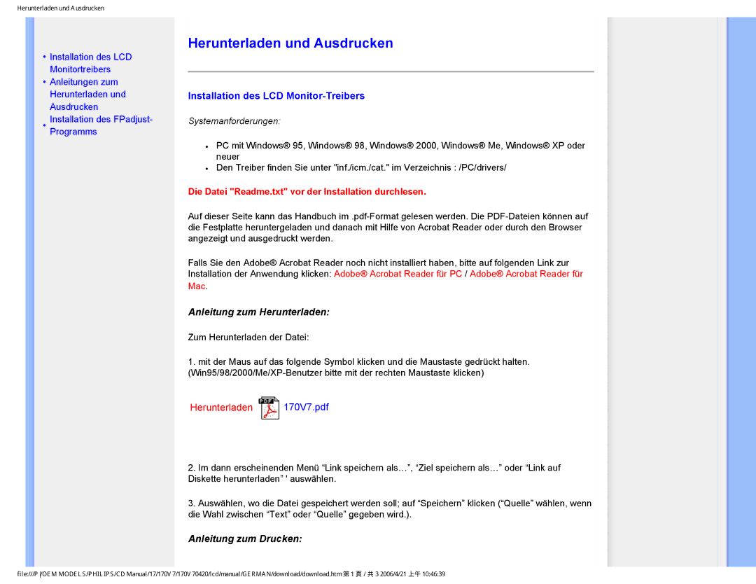 Philips 170V7 user manual Herunterladen und Ausdrucken, Installation des LCD Monitor-Treibers, Anleitung zum Herunterladen 