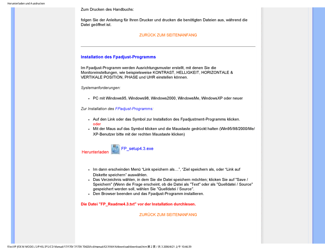 Philips 170V7 user manual Installation des Fpadjust-Programms, Zur Installation des FPadjust-Programms 