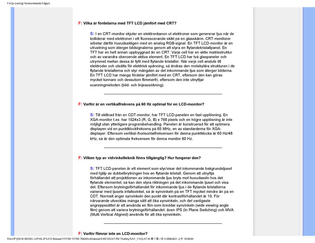 Philips 170V7FB: Svart user manual Vilka är fördelarna med TFT LCD jämfört med CRT?, Varför flimrar inte en LCD-monitor? 