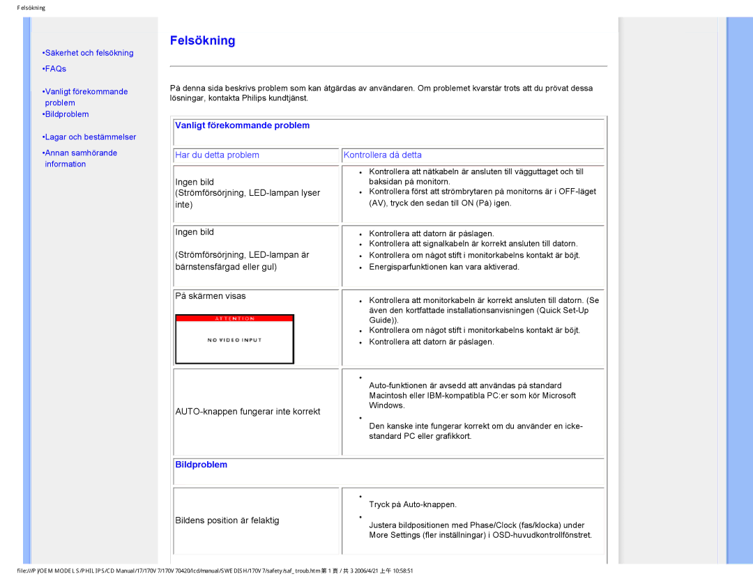 Philips 170V7FB: Svart user manual Vanligt förekommande problem, Bildproblem 