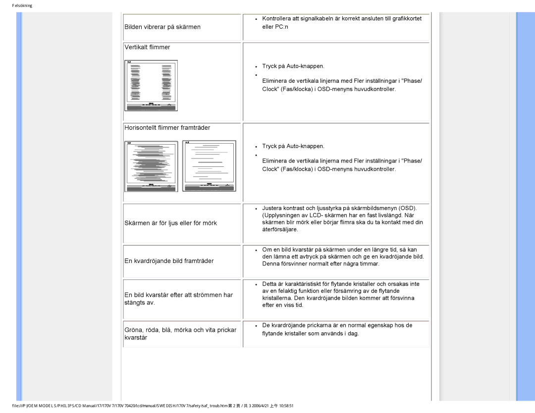 Philips 170V7FB: Svart user manual Bilden vibrerar på skärmen 