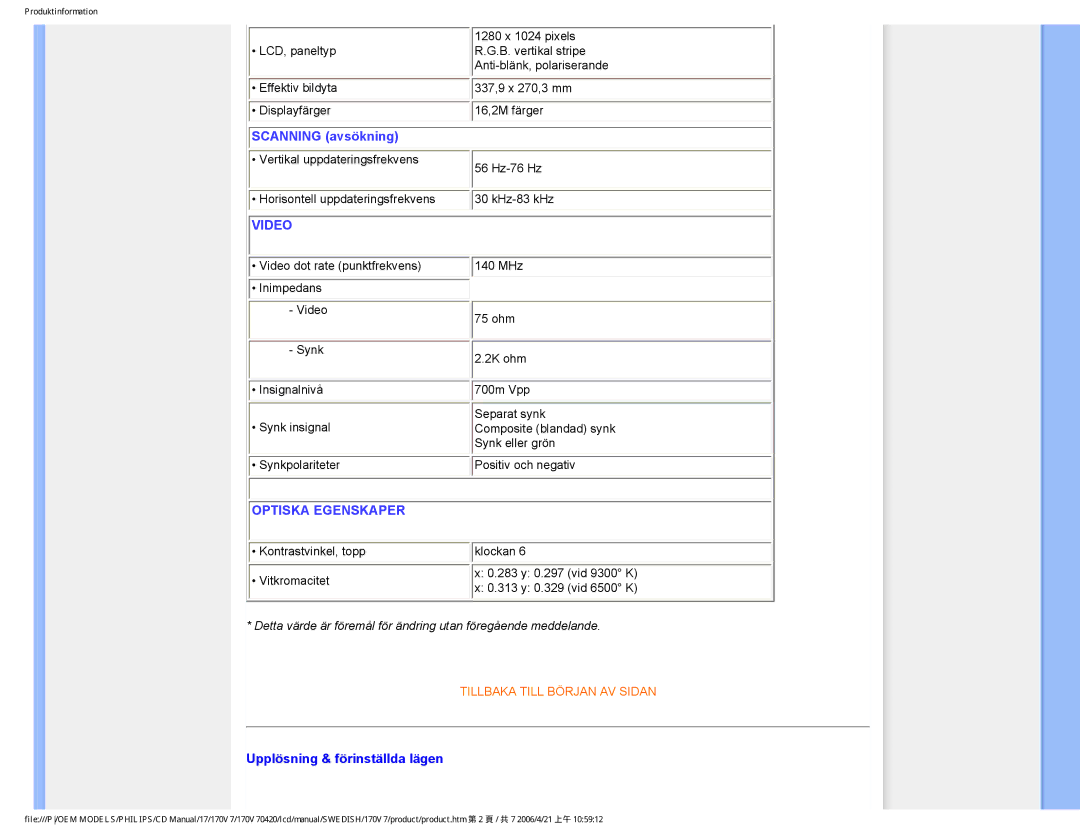 Philips 170V7FB: Svart user manual Video, Upplösning & förinställda lägen 