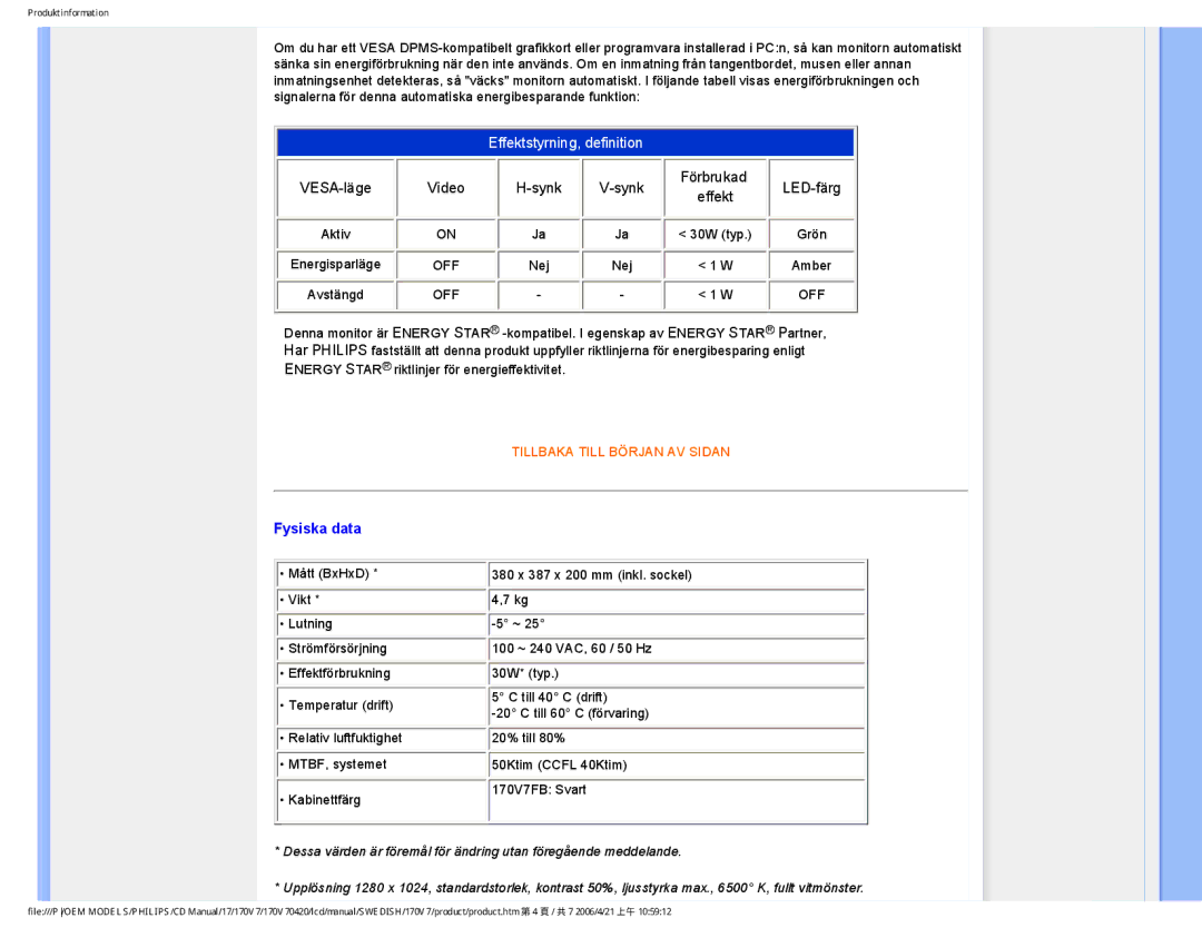 Philips 170V7FB: Svart user manual Effektstyrning, definition, Fysiska data 