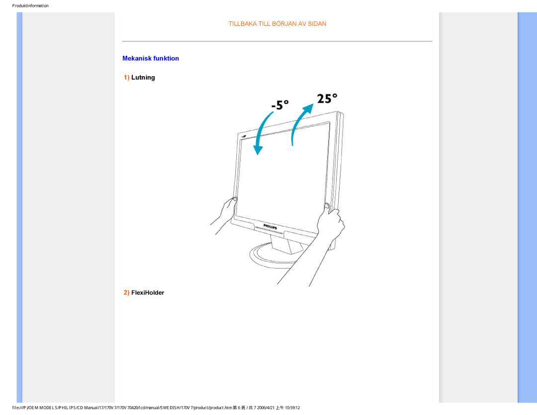 Philips 170V7FB: Svart user manual Mekanisk funktion, Lutning 