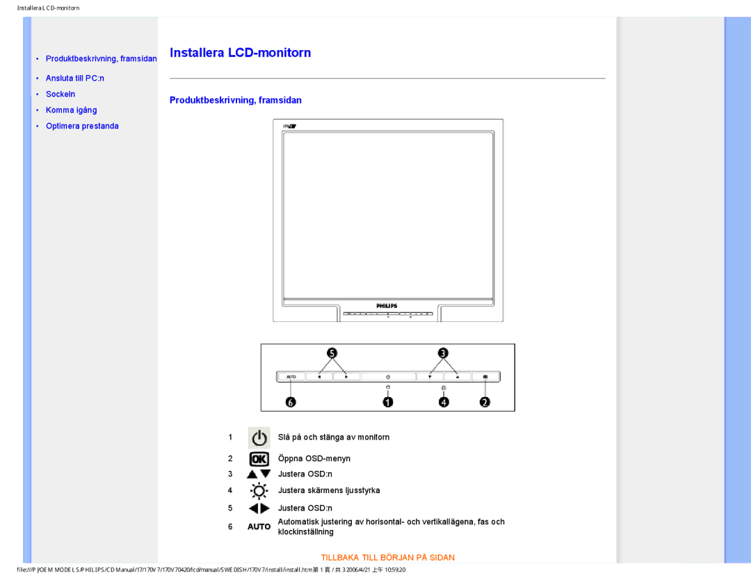 Philips 170V7FB: Svart user manual Installera LCD-monitorn, Produktbeskrivning, framsidan 