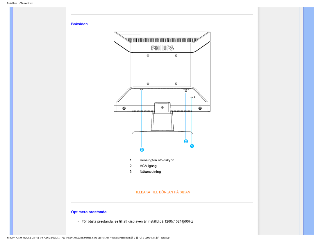 Philips 170V7FB: Svart user manual Baksiden, Optimera prestanda 