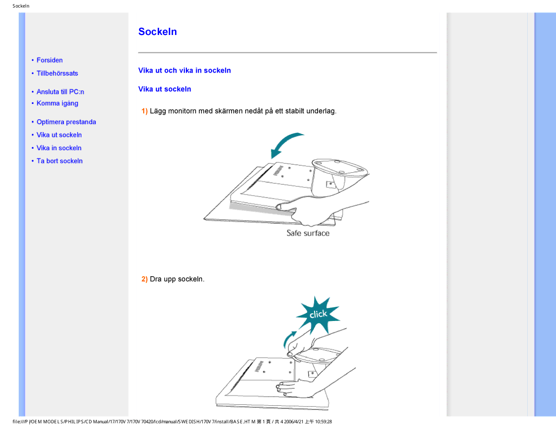 Philips 170V7FB: Svart user manual Sockeln, Vika ut och vika in sockeln Vika ut sockeln 