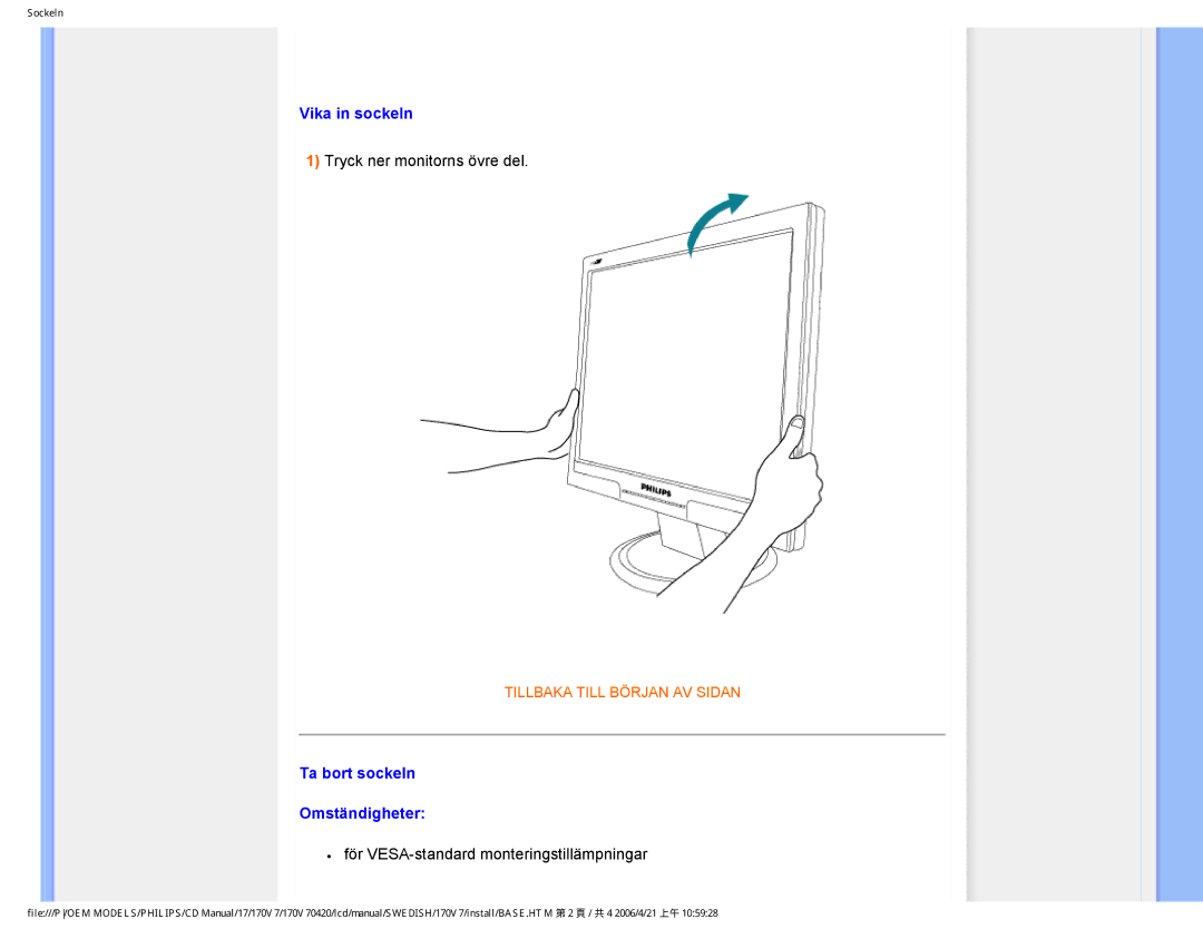 Philips 170V7FB: Svart user manual Vika in sockeln, Ta bort sockeln Omständigheter 