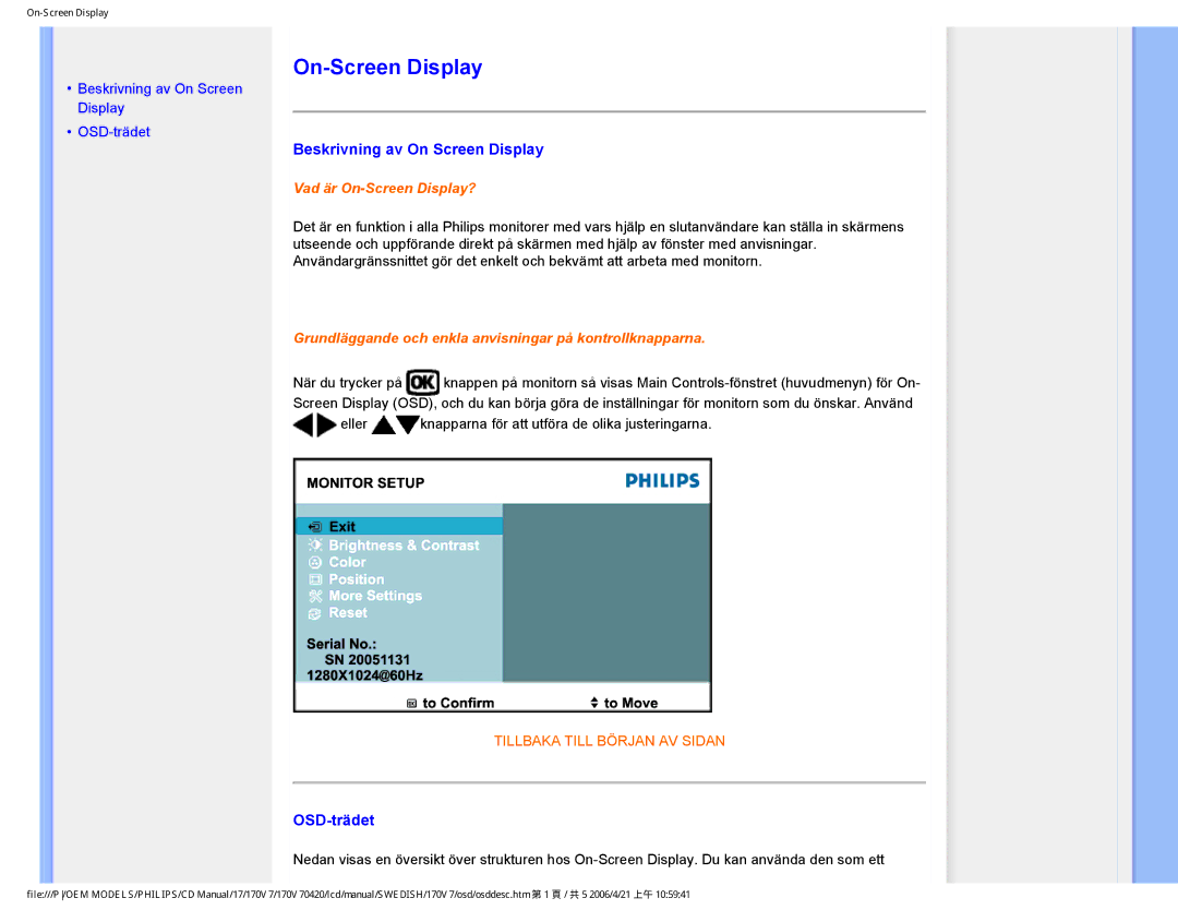 Philips 170V7FB: Svart user manual On-Screen Display, Beskrivning av On Screen Display, OSD-trädet 