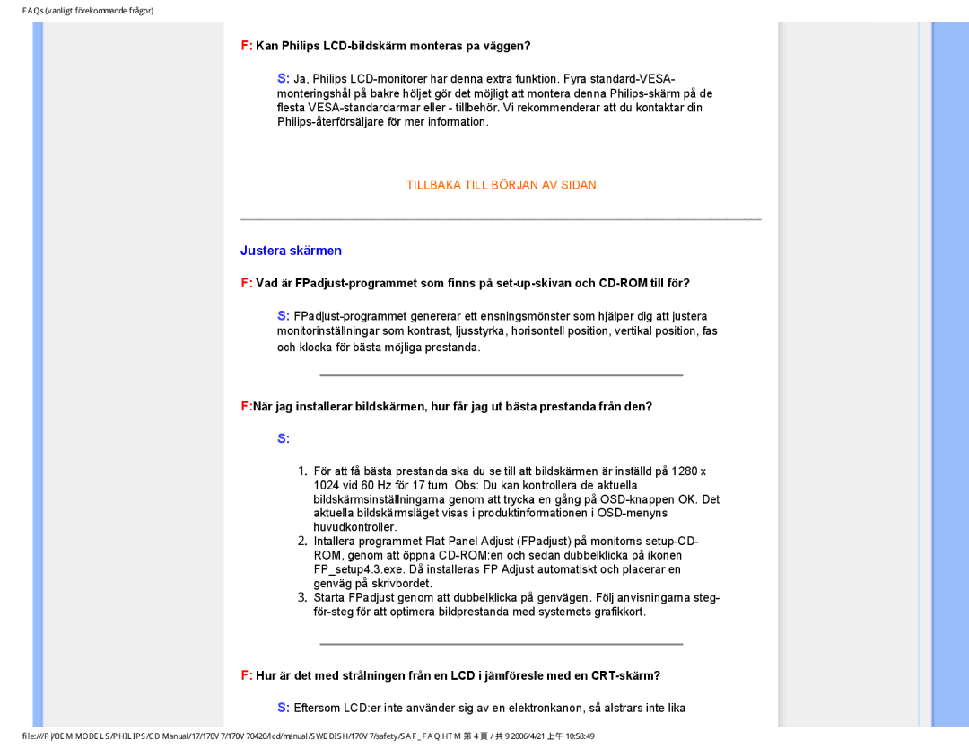 Philips 170V7FB: Svart user manual Justera skärmen, Kan Philips LCD-bildskärm monteras pa väggen? 