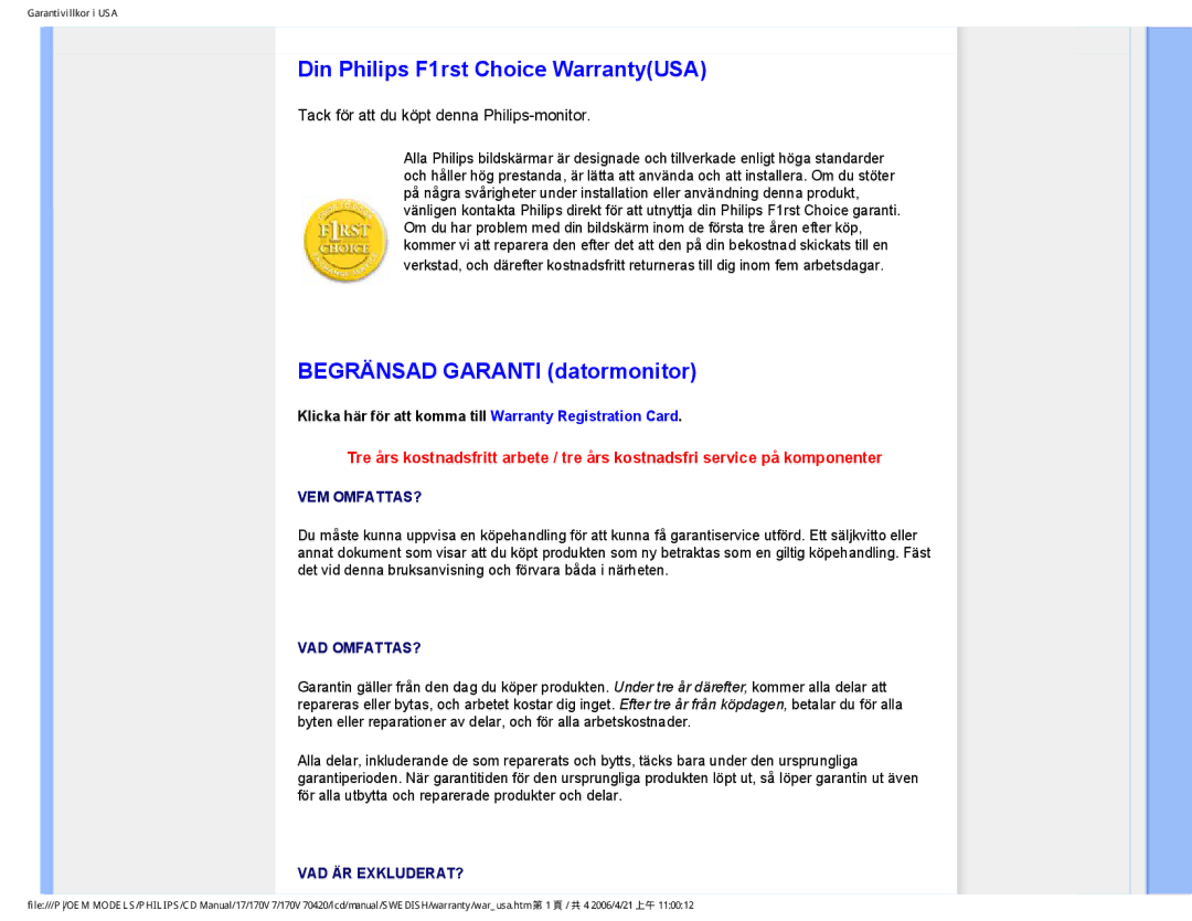 Philips 170V7FB: Svart user manual Din Philips F1rst Choice WarrantyUSA, Begränsad Garanti datormonitor 