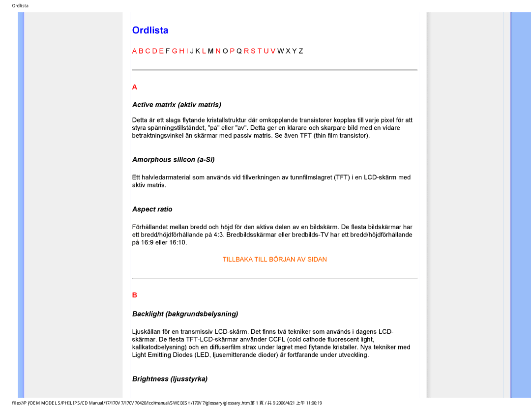 Philips 170V7FB: Svart user manual Ordlista 