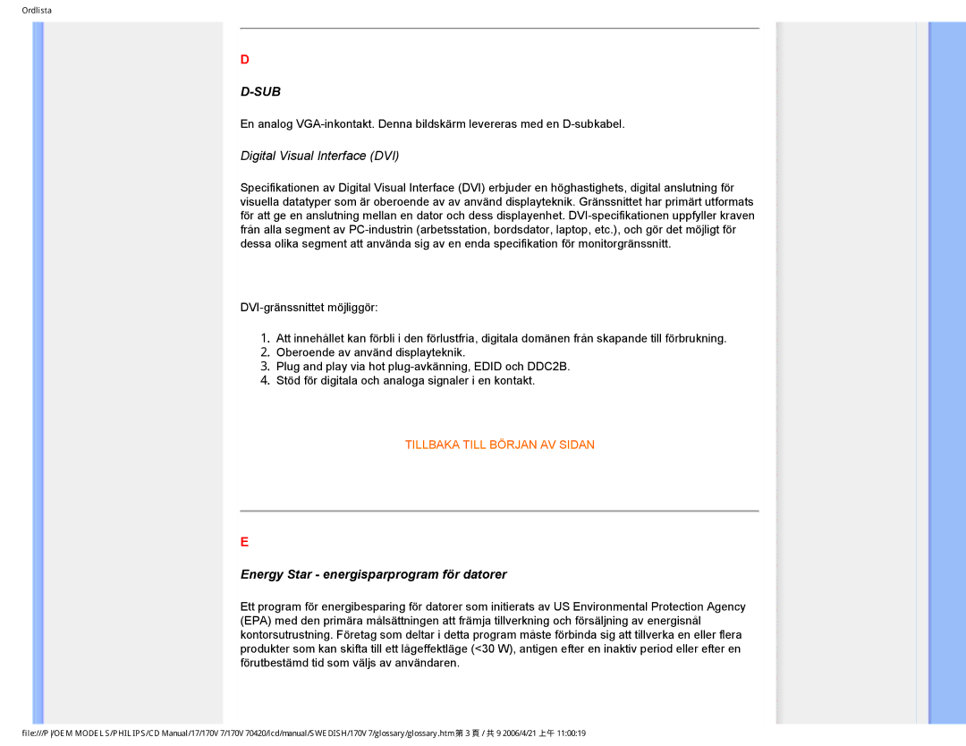 Philips 170V7FB: Svart user manual Sub, Energy Star energisparprogram för datorer 