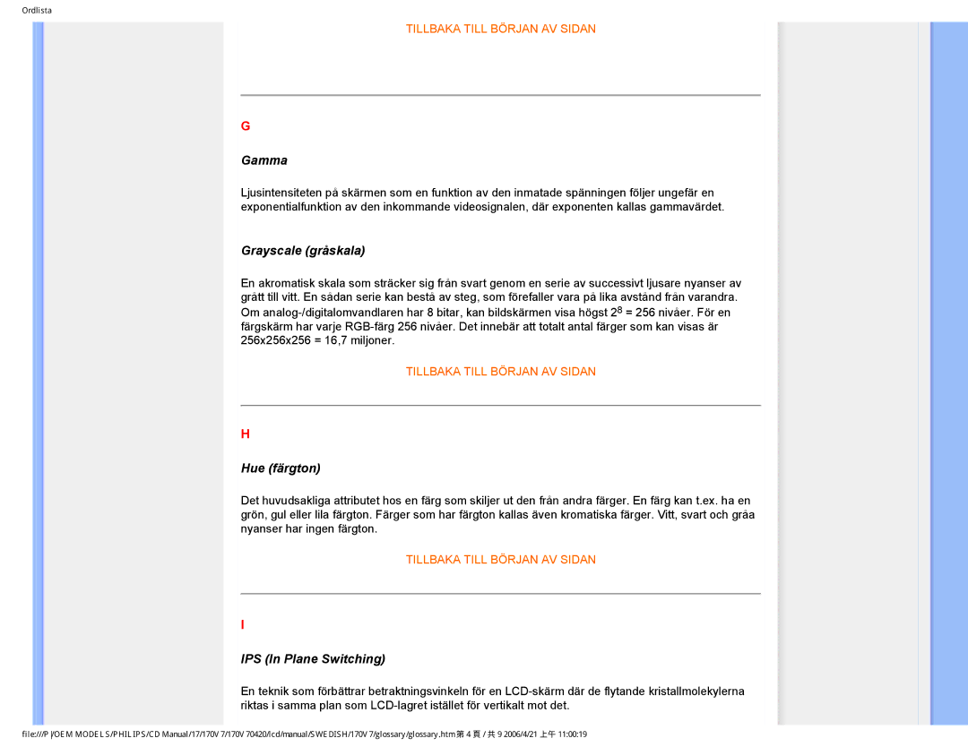 Philips 170V7FB: Svart user manual Gamma, Grayscale gråskala, Hue färgton, IPS In Plane Switching 