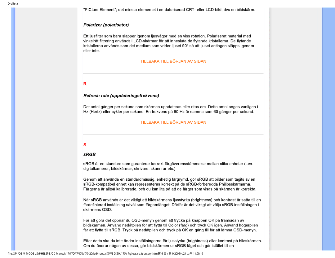 Philips 170V7FB: Svart user manual Polarizer polarisator, Refresh rate uppdateringsfrekvens, Srgb 