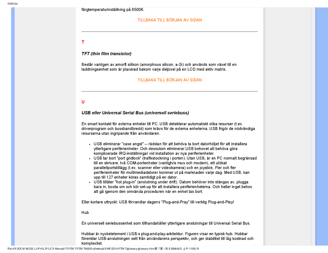 Philips 170V7FB: Svart user manual TFT thin film transistor, USB eller Universal Serial Bus universell seriebuss 