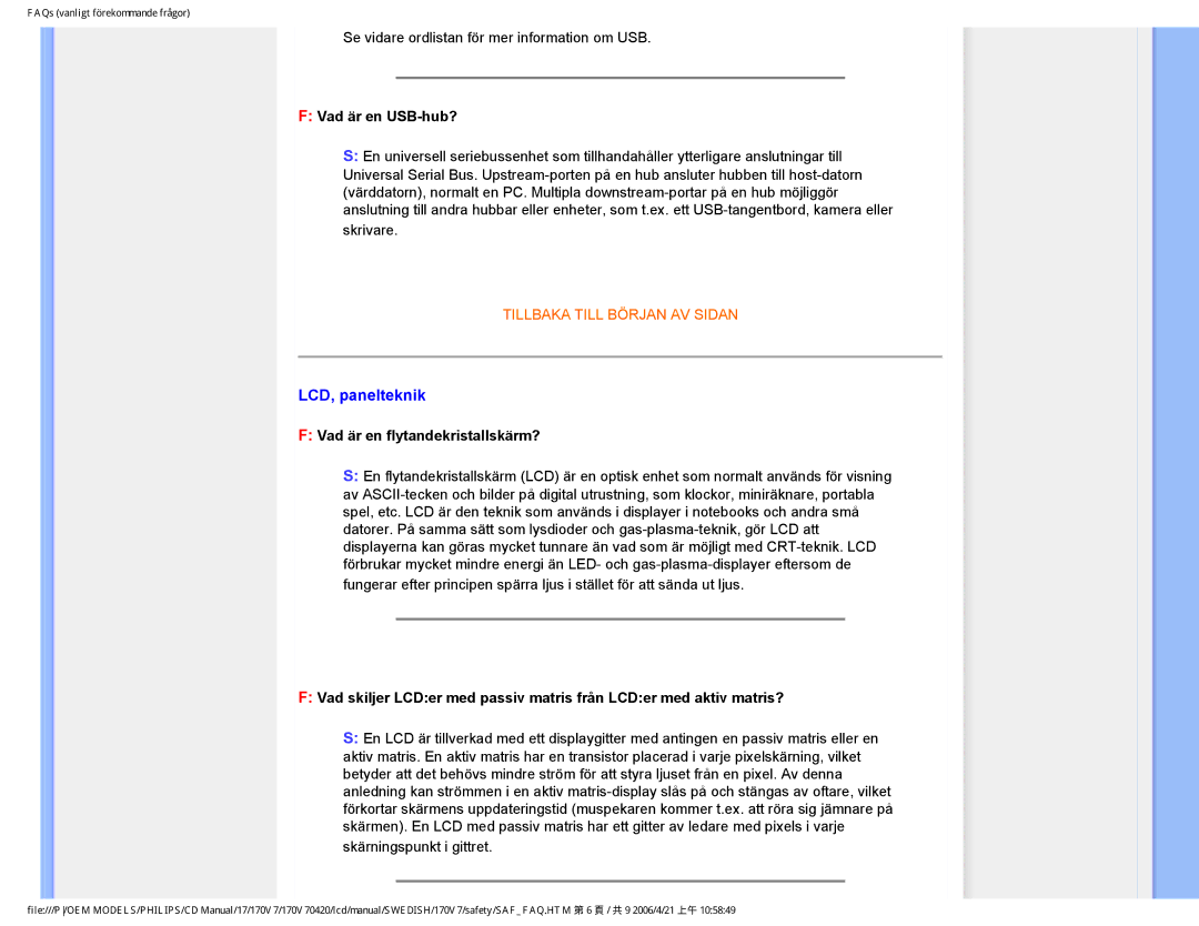 Philips 170V7FB: Svart user manual LCD, panelteknik, Vad är en USB-hub?, Vad är en flytandekristallskärm? 