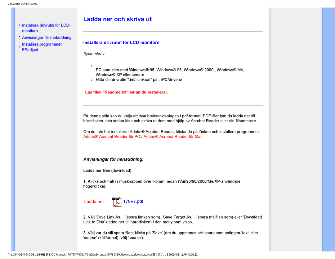 Philips 170V7FB: Svart Ladda ner och skriva ut, Installera drivrutin för LCD-monitorn, Anvisningar för nerladdning 
