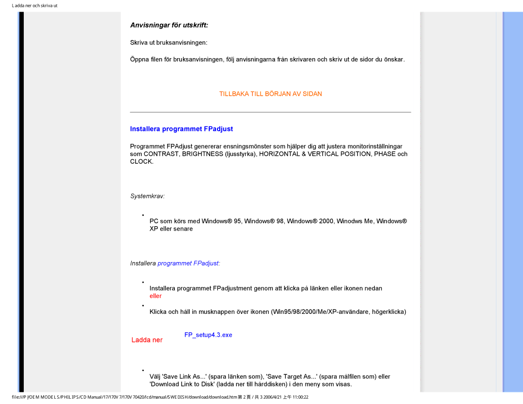 Philips 170V7FB: Svart user manual Anvisningar för utskrift, Installera programmet FPadjust 