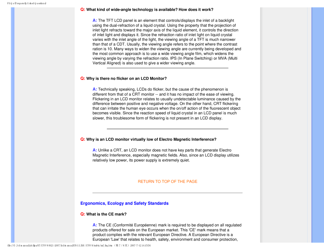 Philips 170v8 Ergonomics, Ecology and Safety Standards, Why is there no flicker on an LCD Monitor?, What is the CE mark? 