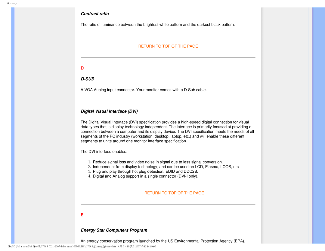 Philips 170v8, HNS8170T user manual Contrast ratio, Digital Visual Interface DVI, Energy Star Computers Program 