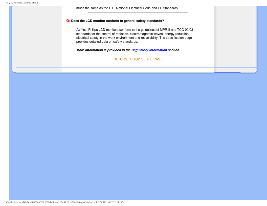 Philips HNS8170T, 170v8 user manual Does the LCD monitor conform to general safety standards? 