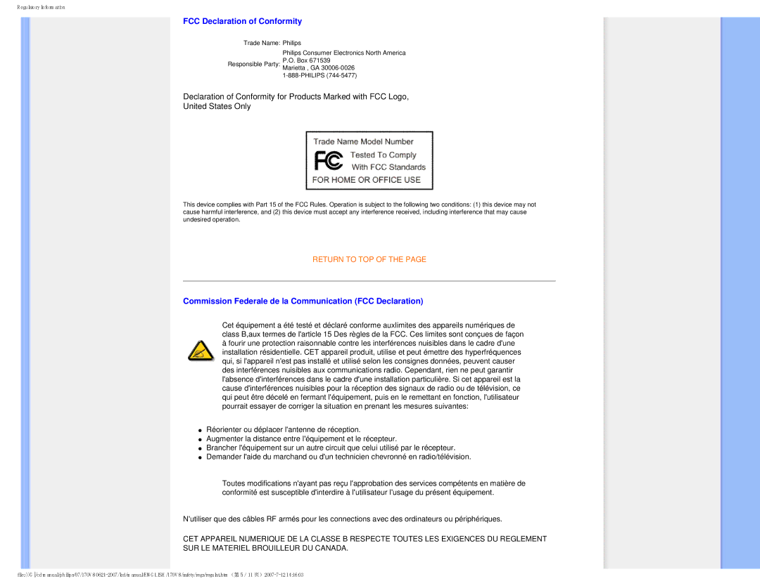 Philips HNS8170T, 170v8 user manual FCC Declaration of Conformity, Commission Federale de la Communication FCC Declaration 