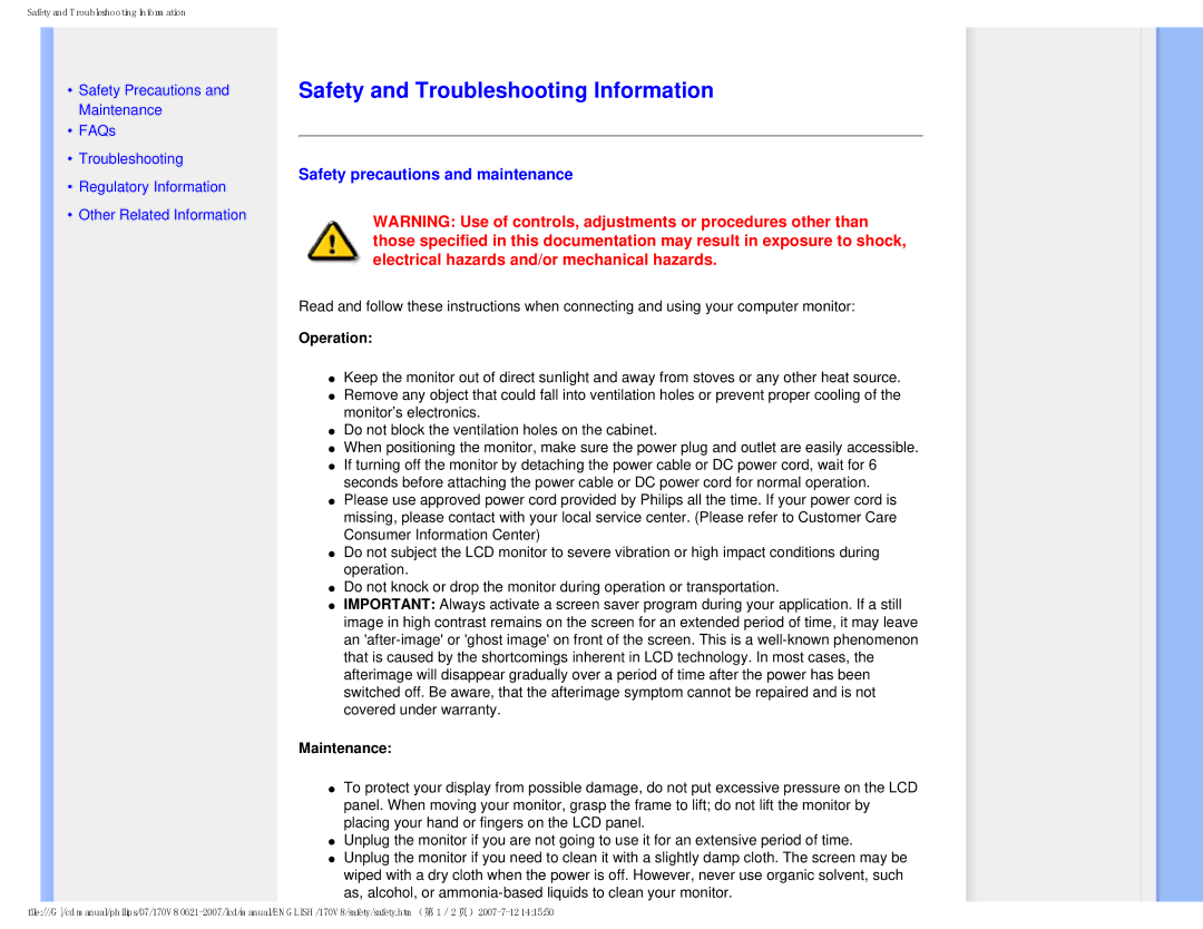 Philips 170v8, HNS8170T Safety and Troubleshooting Information, Safety precautions and maintenance, Operation, Maintenance 